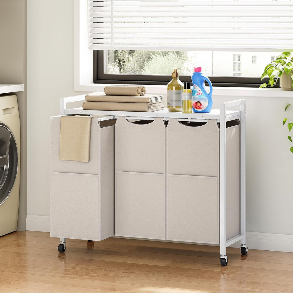 Laundry Sorter 3 Section, Laundry Hamper with Wheels, 3 × 11.5 Gal (43.4L), Rolling Laundry Basket, Pull-Out and