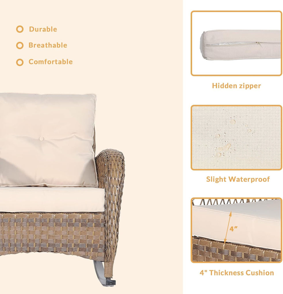 Outdoor Wicker Rocking Chair with Thickened Cushions, All-Weather Rattan Patio Rocking Chairs, Rocker Wicker Chair