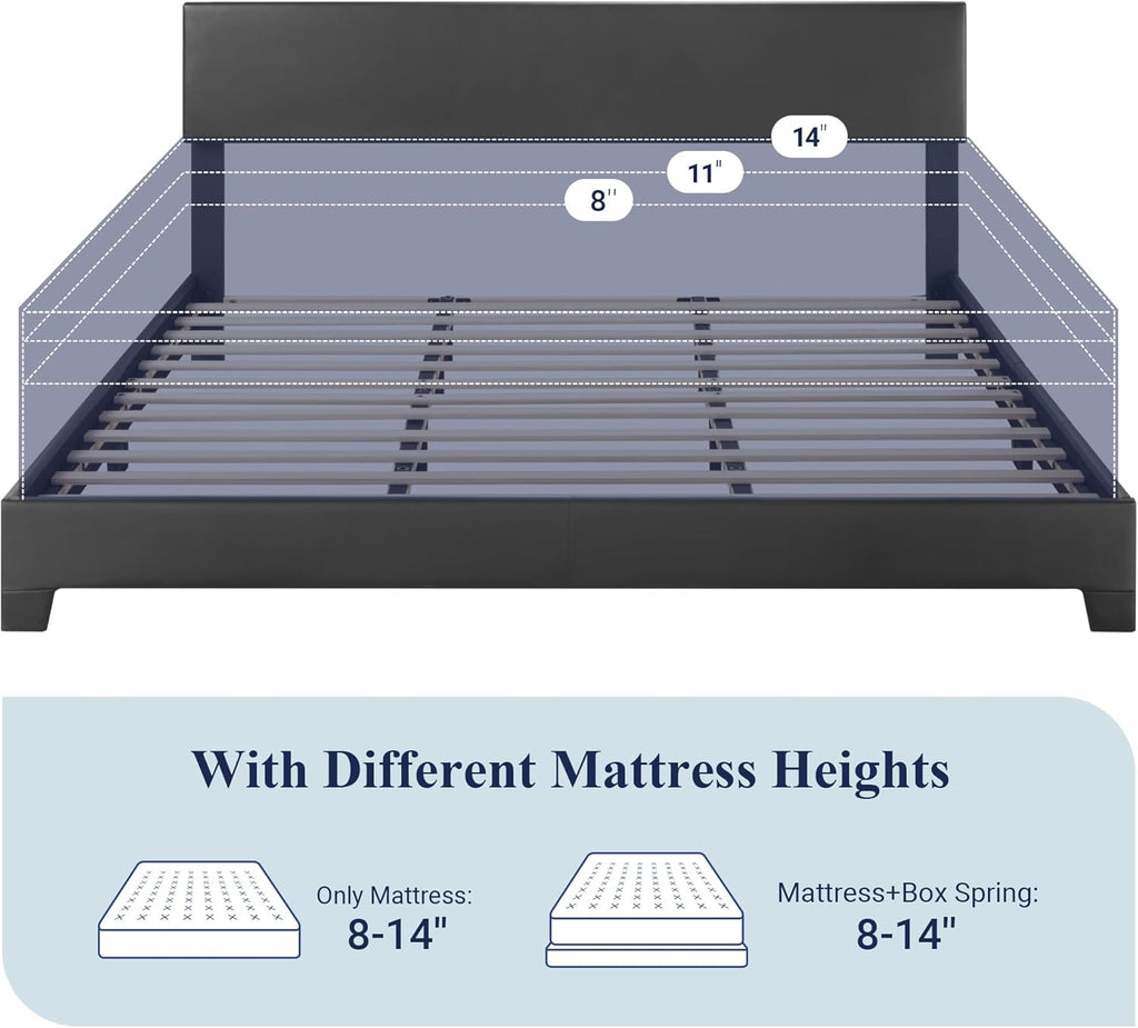 King Bed Frame with Adjustable Headboard, Faux Leather Platform Bed with Wood Slats, Heavy Duty Mattress Foundation