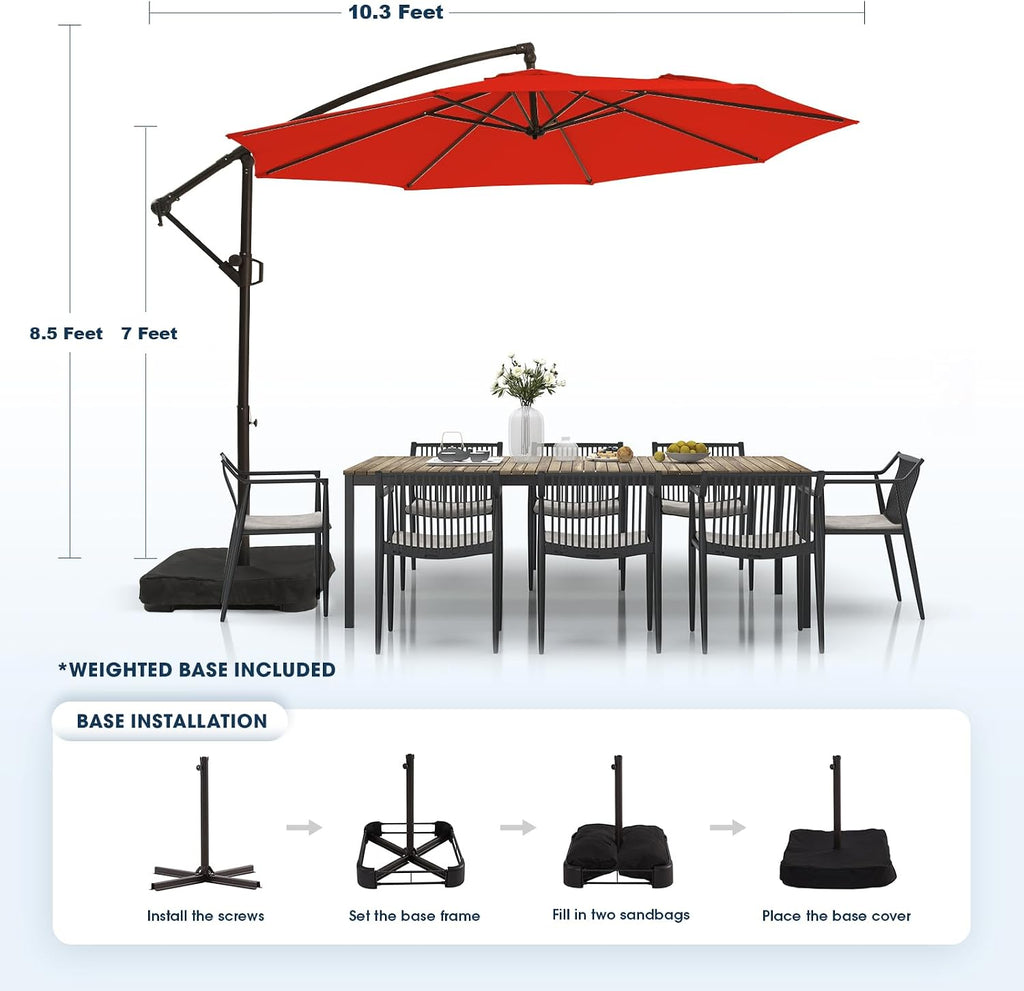 10ft Patio Umbrella with Base Included, Outdoor Offset Cantilever Umbrella, Infinite Tilt, Crank and Cross Base