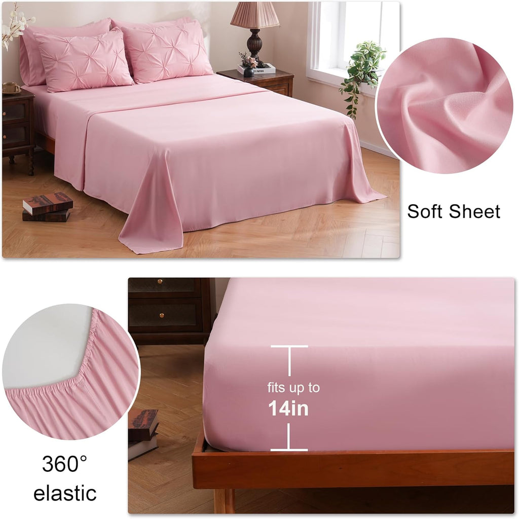 7 Pieces Pink Comforter Set, Pintuck Pinch Pleat Bed in a Bag