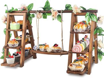 Wooden 3 Tier Cupcake Stand with Swing and Flower Decoration Serving Removable Tray Display Serving Ladder Foldable