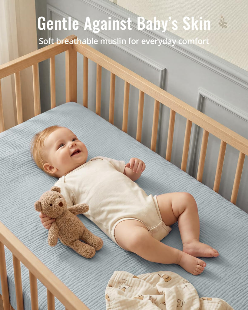 Muslin Crib Sheets, 2 Pack, Light Blue & Grey