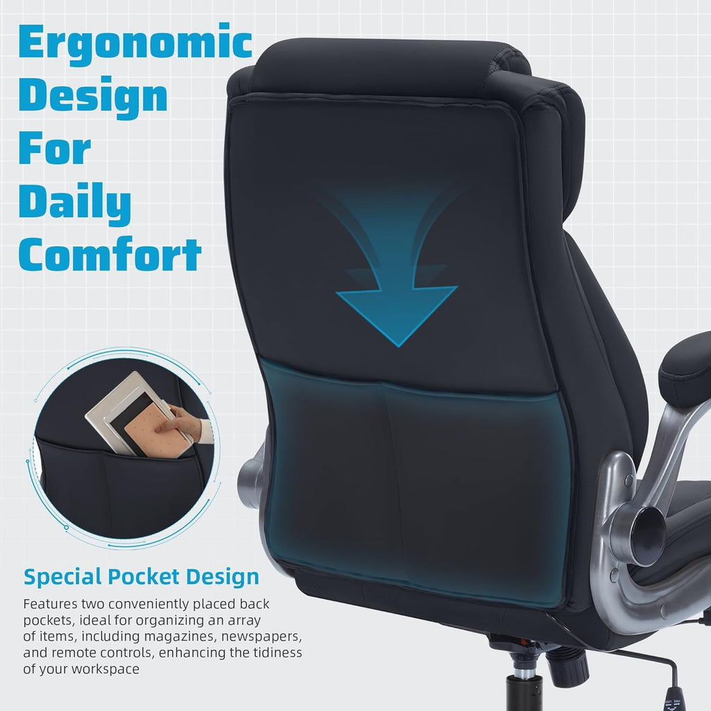 Large High Back with Flip Arms- Executive Desk Chair with Locking Wheels, Adjustable Lumbar Support, Ergonomic