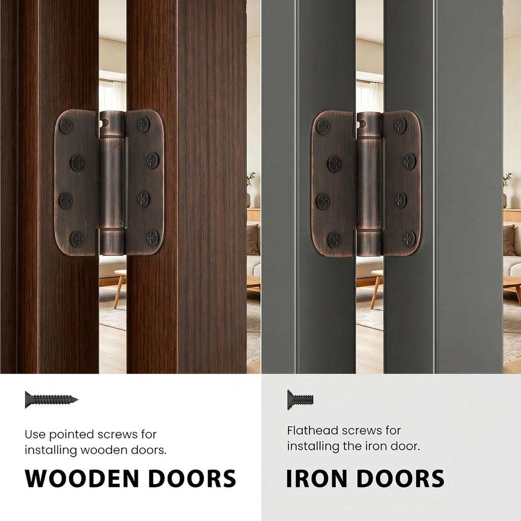 Self Closing Door Hinges 3 Pack Oil Rubbed Bronze Spring Loaded Hinges 4 Inch with 5/8" Radius Corner Adjustable