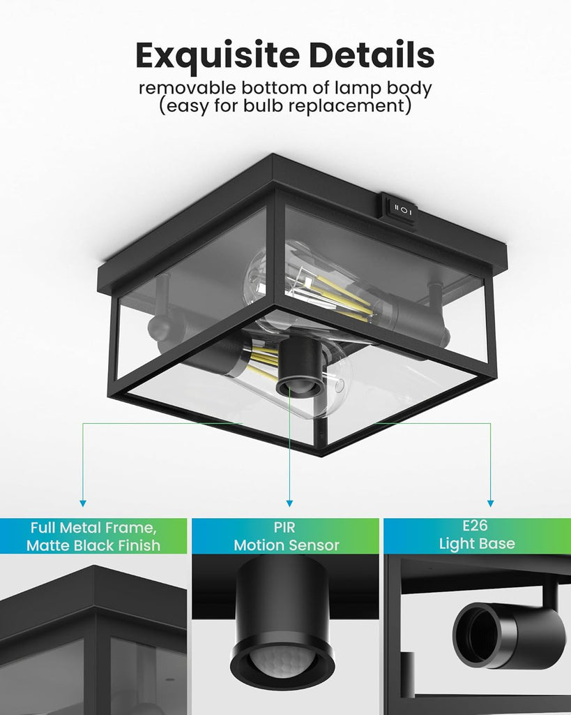 Outdoor Ceiling Light with Motion Sensor 12'', Flush Mount Porch Light, Exterior Light Fixture with Clear Glass