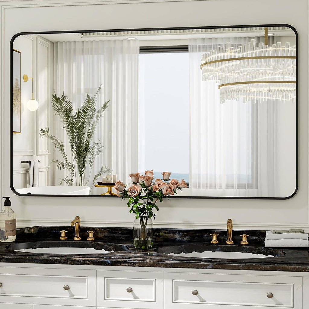 30 x 48 Inch Bathroom Mirror, Rounded Rectangular Vanity Mirror for Wall, Modern Mirror for Room Decor, Black Framed