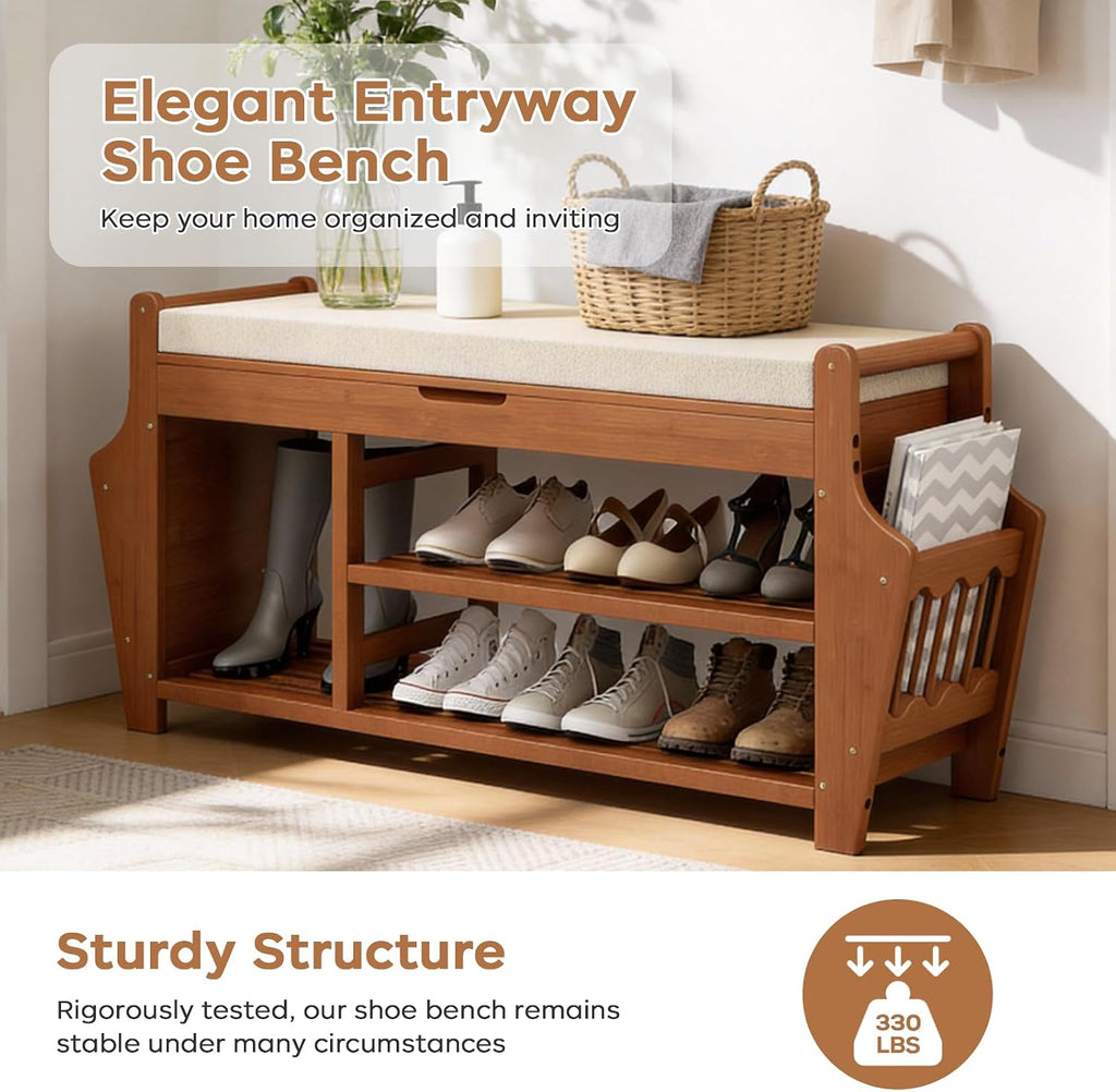47.2in Shoe Bench Entryway - Bamboo Shoe Rack Bench with Storage, Shoe Rack Organizer with Cushion, 2 Side Holder