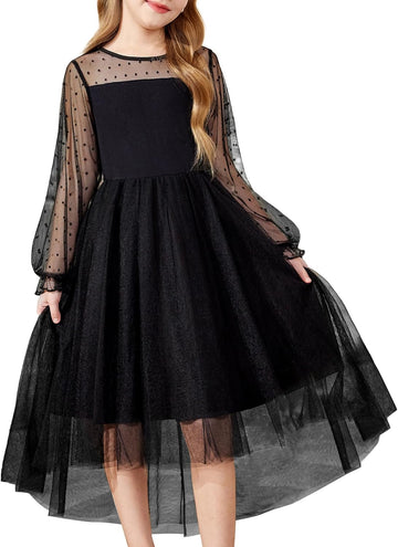 Girls Dresses Mesh Long Sleeve High Low Birthday Party Dress