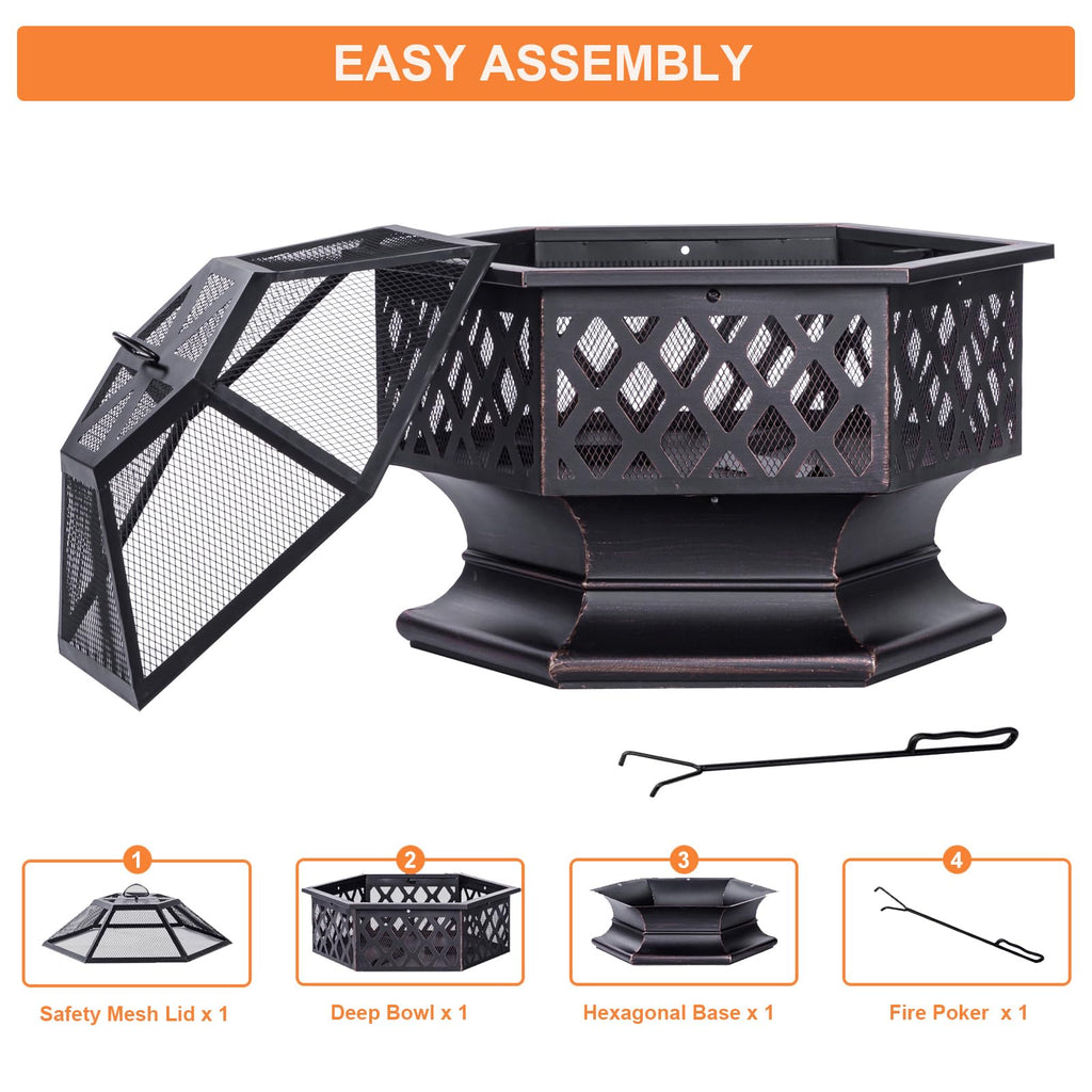 28Inch Outdoor Fire Pit, Hexagon Shaped