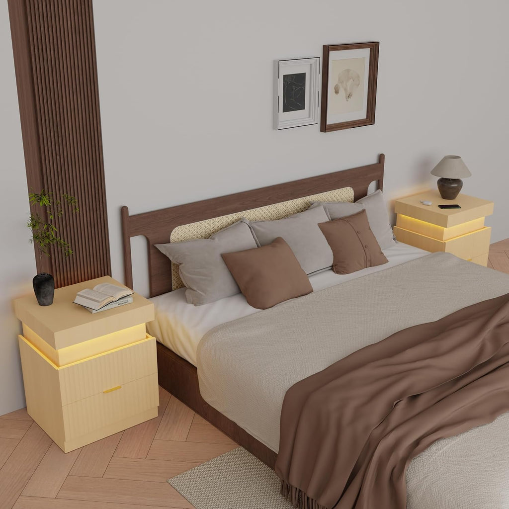 Wooden Nightstand with Charging Station & LED Lights, Modern Fluted Bedside Table with Sliding Top & Drawers