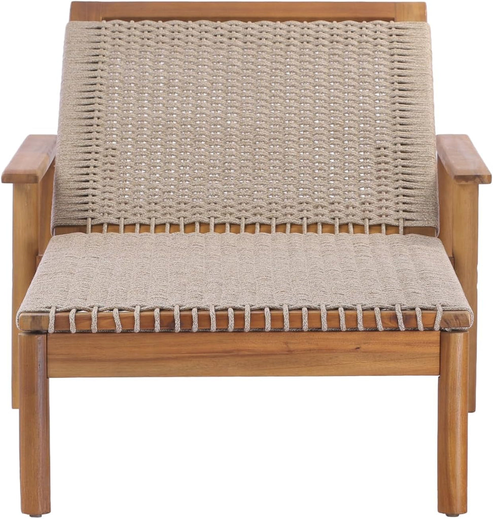 Acacia Wood Chaise Lounge Chair Outdoor, Poolside Sun Lounger Recliner with Woven Rope Seat, Patio Outdoor