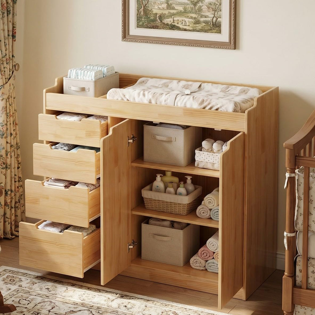 47.2" Solid Wood Baby Changing Table Dresser, Natural | 4 Drawers and 2 Doors, Changing Table Top, Safety Guardrails