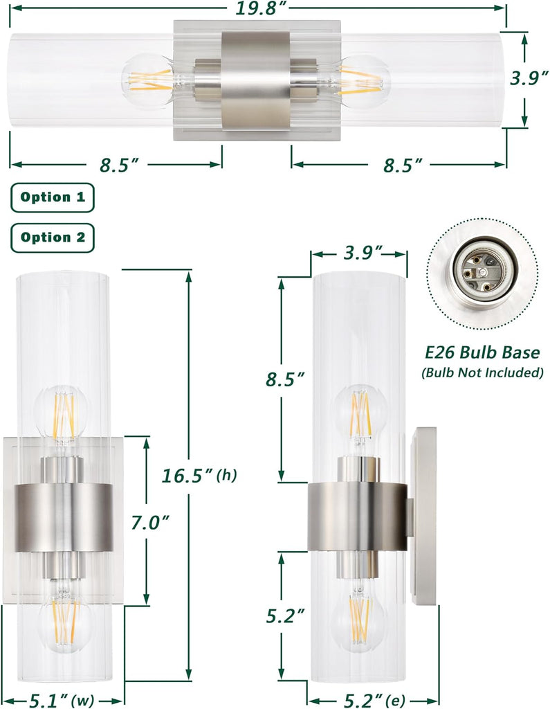 Bathroom Sconces Wall Lighting with Clear Ribbed Glass, Brushed Nickel 2-Light Bathroom Vanity Light Fixtures for