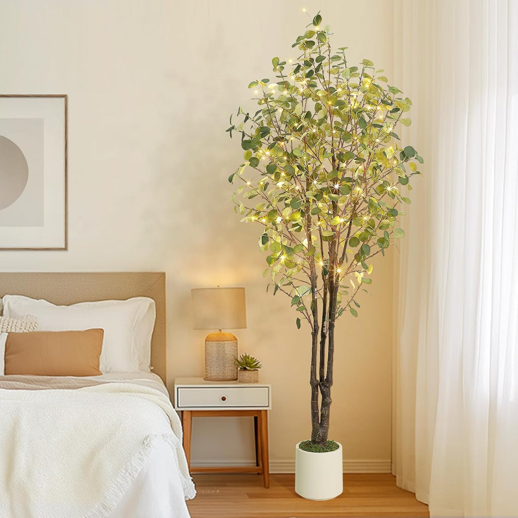 Eucalyptus Trees Artificial Indoor,7FT Tall Faux Plants Indoor with White Planter, Green Lifelike Fake Eucalyptus