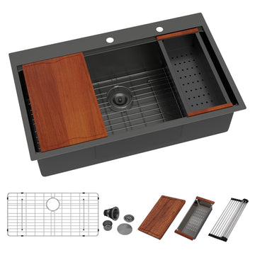 36 Inch Black Kitchen Sink Workstation Drop In Single Bowl Large Sink 16 Gauge Stainless Steel Nano PVD Coating