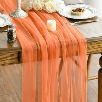 3PCS Orange Gauze Table Runner 120 Inch 10FT, Seasonal Sheer Kitchen Dining Holiday Wedding Birthday Baby Shower