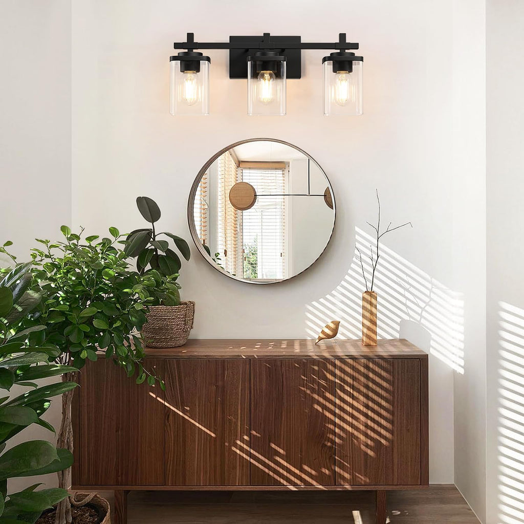 3-Lights Bathroom Vanity Light Fixtures, Modern Black Vanity Lights Over Mirror with Clear Glass Shade , Wall Mounted