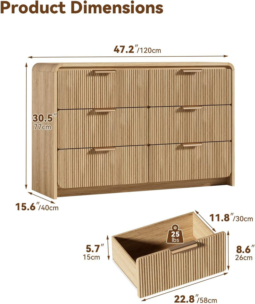 Fluted 6 Drawer Dresser, 47" Wide Wooden Storage Chest with Rounded Curved Corners and Gold Handles, Natural Oak Wood
