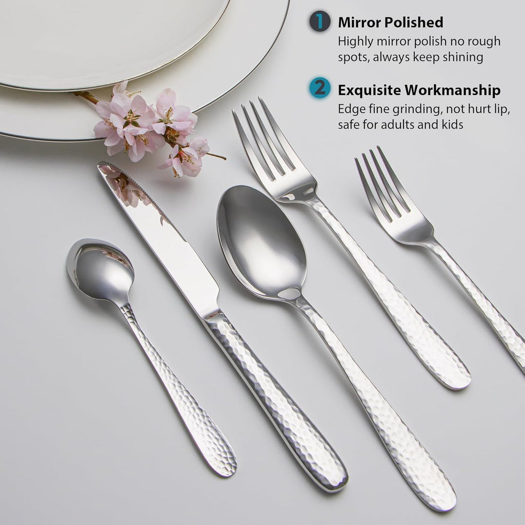 Hammered Silverware Set, 40-Piece Stainless Steel Flatware Set for 8, Mirror Finish Tableware Kitchen Cutlery Sets