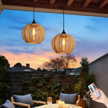 Battery Operated Chandelier, 2Pack Hanging Gazebo Lights, Cactus Shape Boho Rattan Pendant Lights Outdoor Waterproof