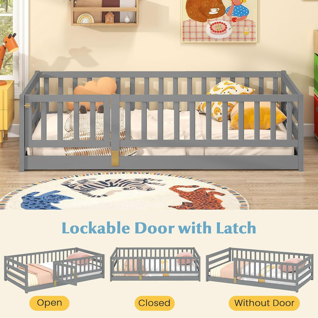 Twin Floor Bed with High Fence & Door, Montessori Floor Bed with 21.5" Safety Guardrails, Solid Wood Twin Beds Frame