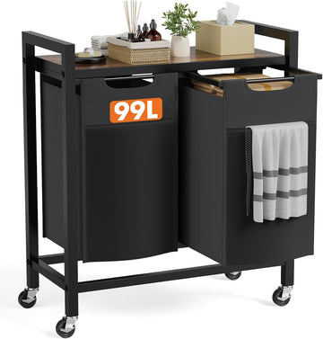 Laundry Hamper with 2 Pull-Out Removable Sorter Bags, Movable Wheels, Freestanding Clothes Basket Organizer , 2 x