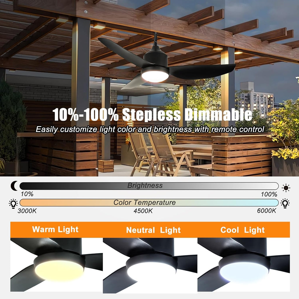 42 Inch Black Waterproof Gazebo Fans with Lights Outdoor Hanging - Plug in Remote App Control for Patios Indoor Farmhouse Porch - 6 Speed Reversible DC Motor