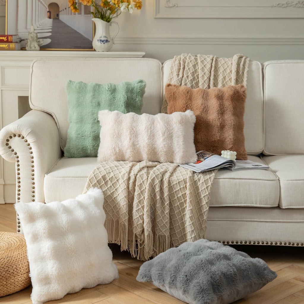 Pack of 2 Cream White Thick Soft Wool Decorative Throw Pillow Covers 18x18 Inch Faux Fur Plush Fluffy Cushion Covers