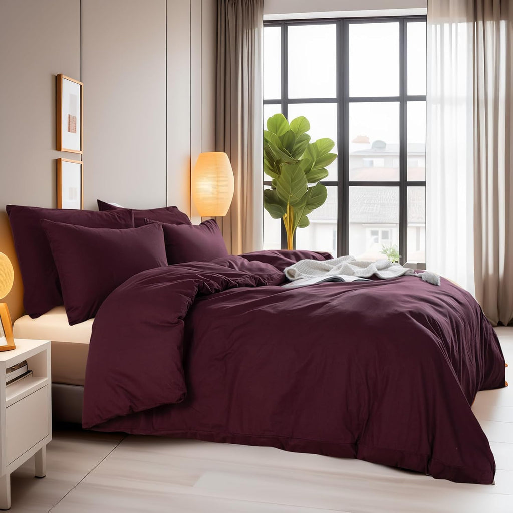 Duvet Cover Set Linen Look Textured 100% Washed Cotton Duvet Cover Burgundy Dark Red 3 Pieces Bedding Set