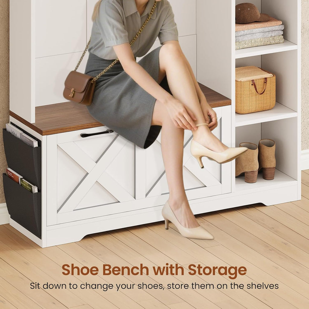 Hall Tree with Bench and Shoe Storage, Farmhouse Entryway Bench with Coat Rack, Shoe Cabinet with Flip Drawers, 7