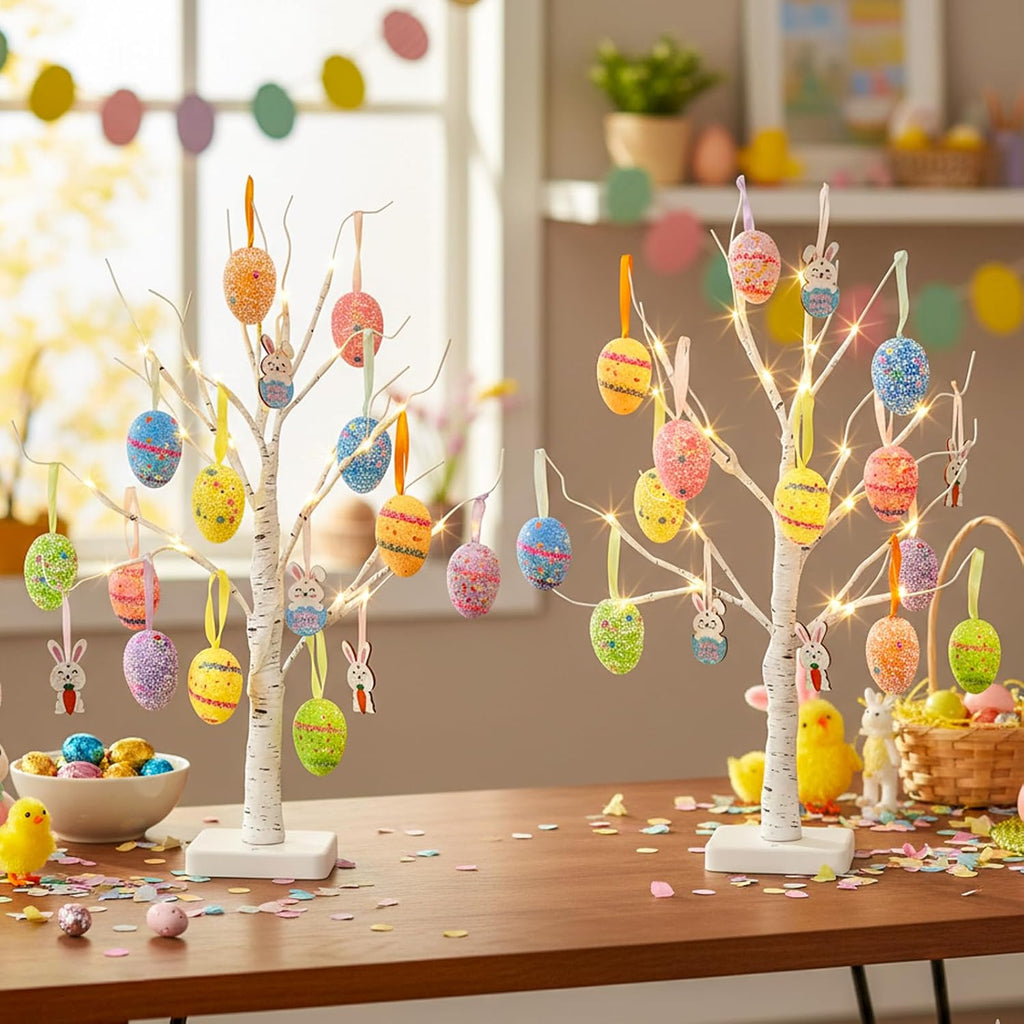 Easter Egg Tree Lights, 22 Inch Easter Trees Battery Operated with Timer, Lighted White Birch Tree Tabletop - Set of 2