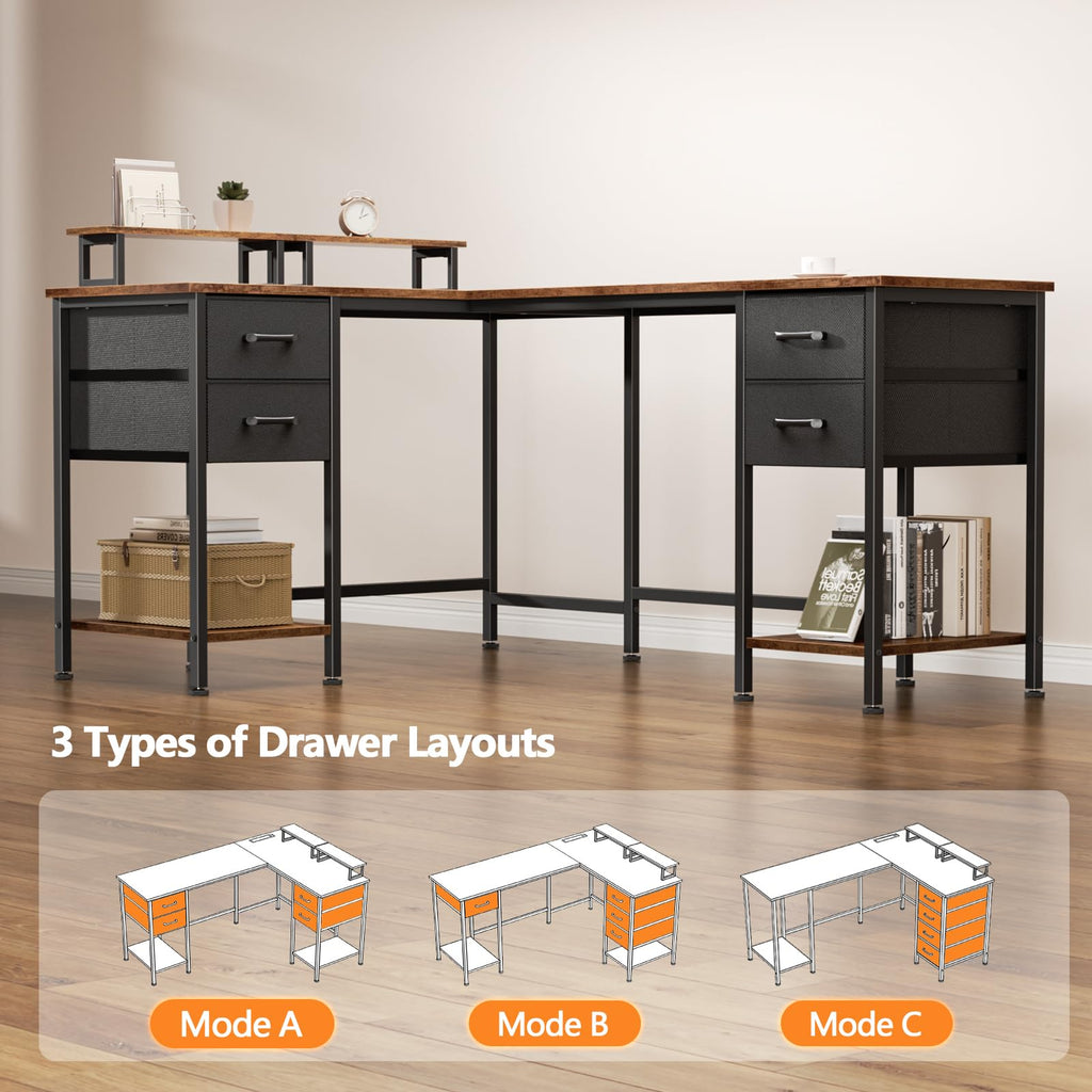 59 inch L Shaped Computer Desk with Power Outlets, Rustic Brown