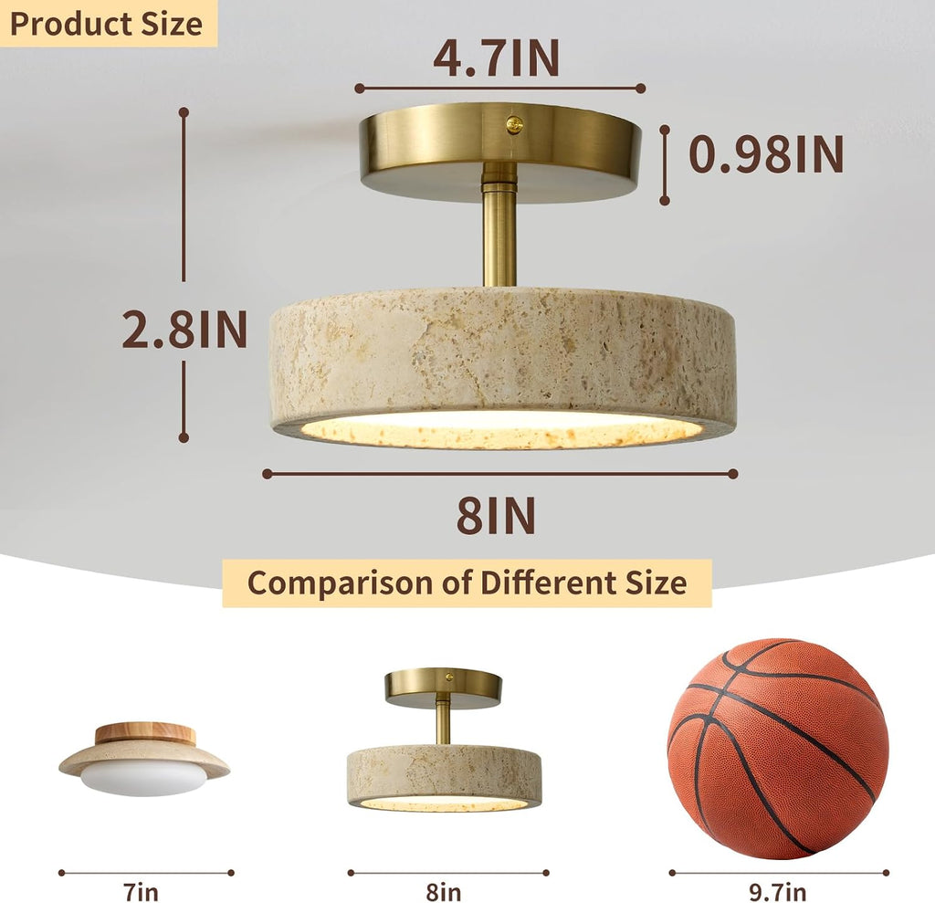 Wabi Sabi 8-inch Yellow Travertine Ceiling Light Fixture - Japanese Semi Flush Mount light with Brushde Gold Metal