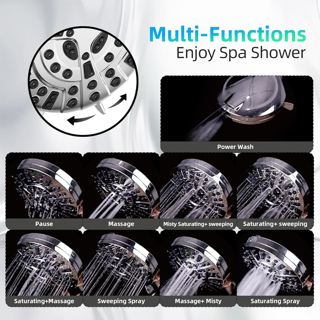 Shower Head,10 Functions High Pressure shower head with handheld, Built-in Pause Mode & Power Wash