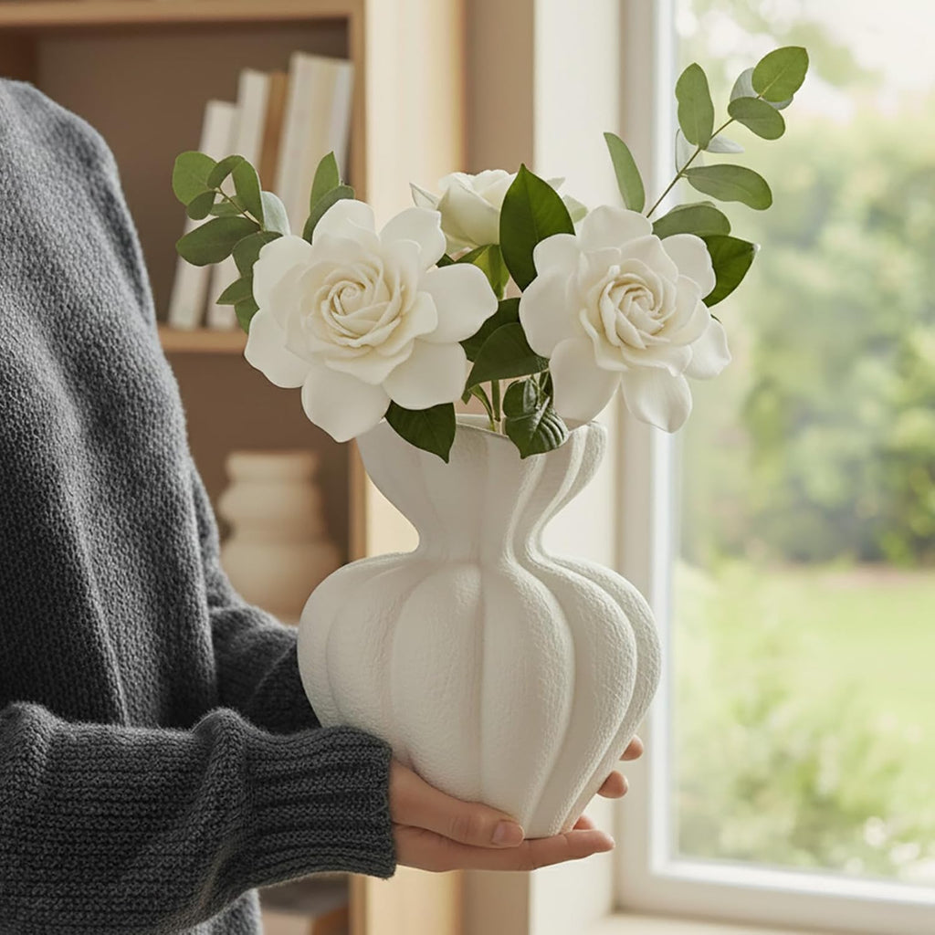 White Ceramic Vase, 8.2 Inch Modern Boho White Flower Vase