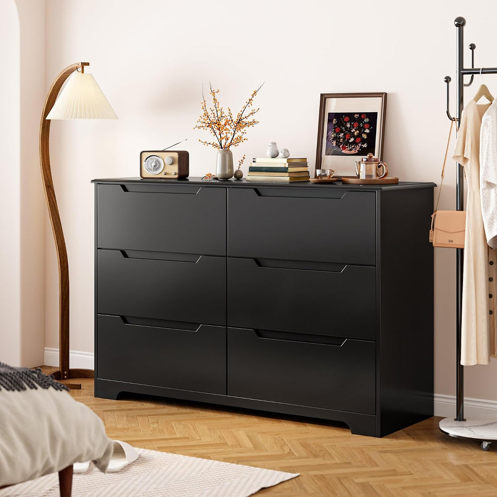 6 Drawer Double Dresser with Anti-Tip Design, Black | Modern Wide Wooden Chest of Drawers with Cut-Out Handles