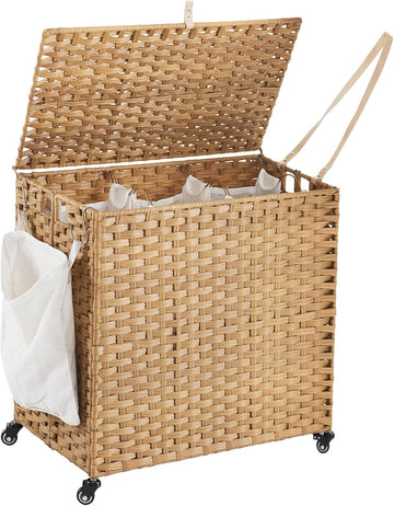 Laundry Hamper with Wheels, 39.6 Gallon(150L) Rolling Laundry Basket with Lid, 3-Section Rattan Clothes Hamper with 3