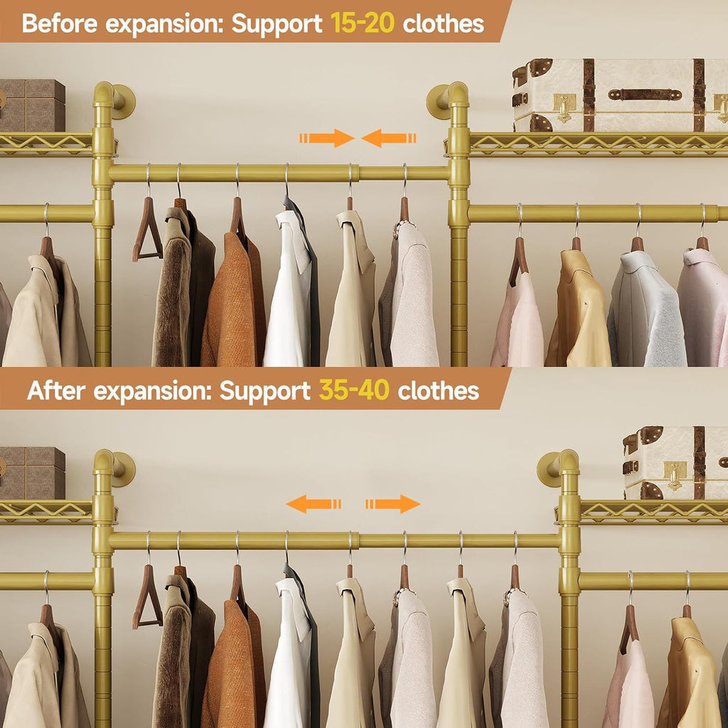 Wall Mounted Garment Rack, Walk-in Closet System with Expandable Rods, Adjustable Shelves, Industrial Pipe Clothing