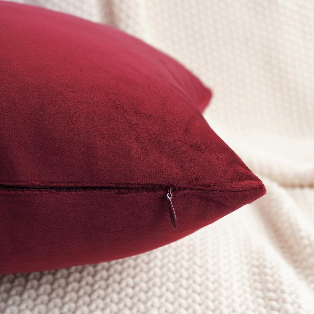 Burgundy Red Velvet Throw Pillow Covers 18x18 Inch, Pack of 2 Soft Cozy Solid Decorative Luxury Cushion Cases