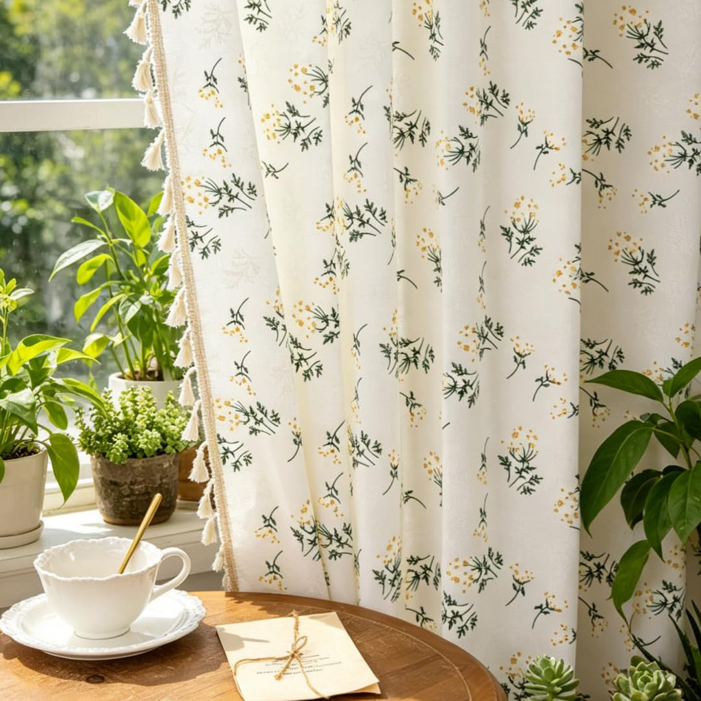 Floral Tassel Curtains, Boho Farmhouse Window Drapes 96 Inch