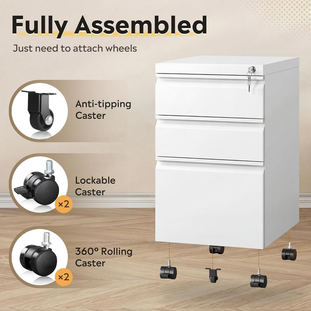 3 Drawer Mobile File Cabinet, Fully Assembled Except Casters | Under Desk Metal Filing Cabinet with Lock , Fits