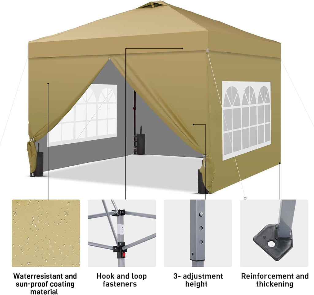 10'x10' Pop Up Canopy Tent, Portable Gazebo, Easy Up Outdoor Canopy for Events, Parties, Camping, Brown.