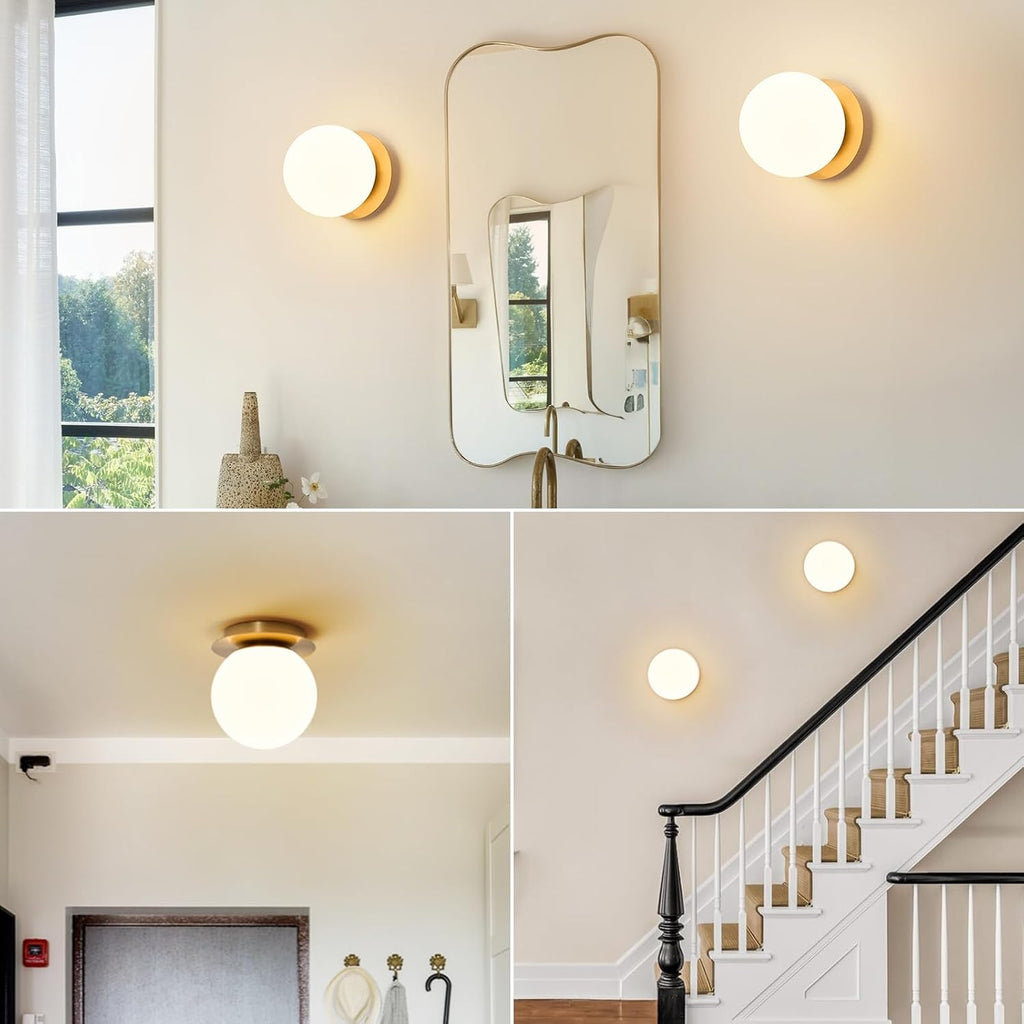 Modern Globe Brass Wall Sconce: 6" Gold Mid Century Modern Indoor Wall Mounted Lamp - Small Minimalist Frosted White