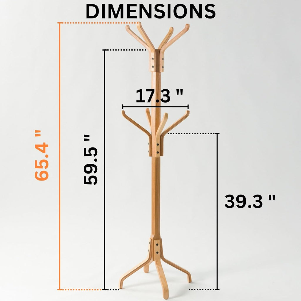 Solid Wood Coat Rack Freestanding, Coat Stands Entryway, Coat Rack Hat Hanger Hook for Jacket, Purse, Scarf Rack, Mid