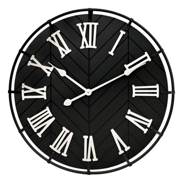 Large Wooden Wall Clock - Extra Large FarmhouseWall Clock with 3D Roman Numerals & Herringbone Splicing, Black Modern