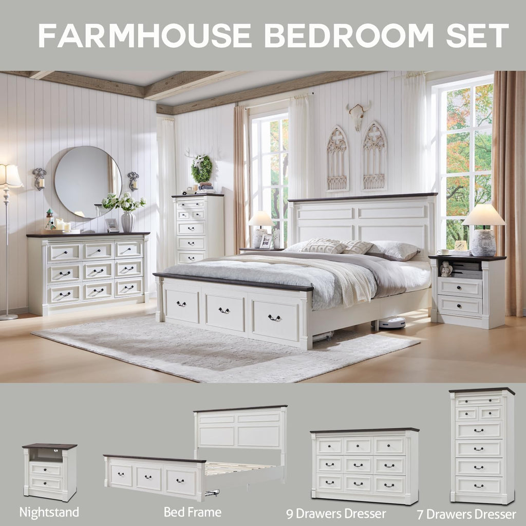 Farmhouse 7 Drawers Dresser , 57" Tall Dressers & Chests of Drawers w/Roman Column, Large Storage Dressers Organizer