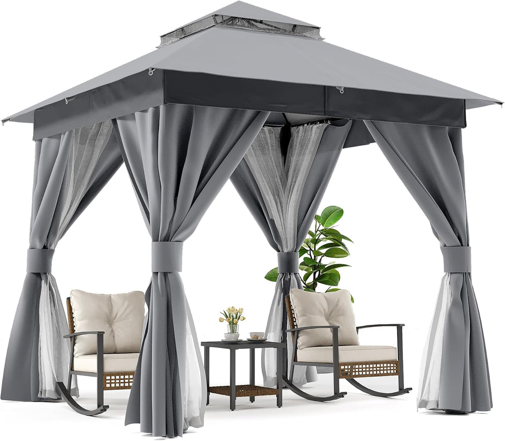 Patio Gazebo 8'x8', Outdoor Heavy Duty Party Tent Shelter with Double Roofs, Mosquito Nettings and Privacy Screens Gray