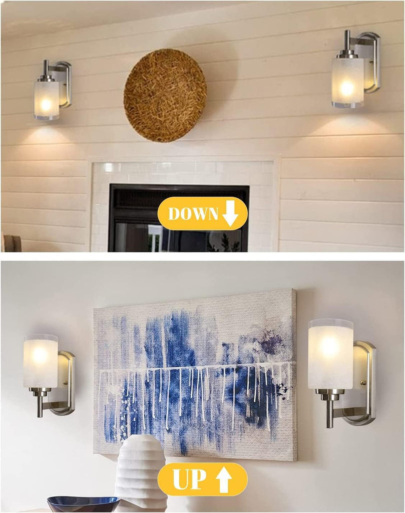 Sconces Wall Lighting Set of Two, Bathrooom Glass Vanity Light | Brushed Nickel Finish, 2 Pack, Frosted Glass Shade