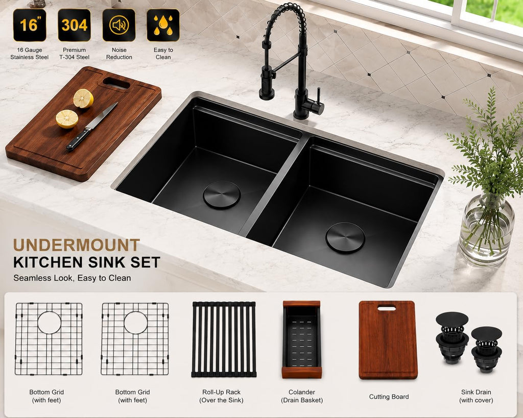 Black Undermount Kitchen Sink, 32 Inch Double Bowl Sink | Black Stainless Steel Kitchen Sink, 32" x 18" T304 16 Gauge